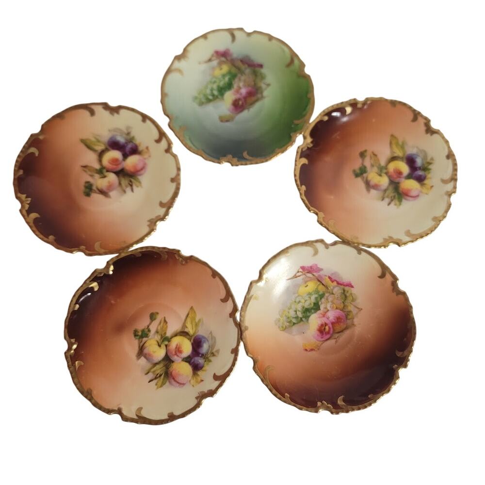 Set of 5 Bavarian handpainted saucer plates 5" Fruit gold trim